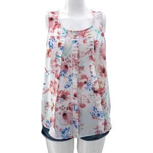 Elle MEDIUM White Pink Floral Chiffon Pleated Scoop Neck Sleeveless Top Blouse